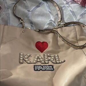 Karl Lagerfeld Beige Tote with Red Heart and Pearl Accents